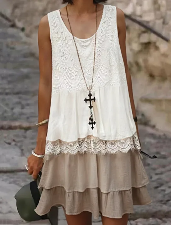 Women's Bohemian Dress Lace Dress Detailed Layered Dress Sleeveless Scoop Neck Tan Casual Summer Beach Party Relaxed Fit Clothing Apparel Women White Dresses