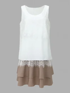 Women's Bohemian Dress Lace Dress Detailed Layered Dress Sleeveless Scoop Neck Tan Casual Summer Beach Party Relaxed Fit Clothing Apparel Women White Dresses