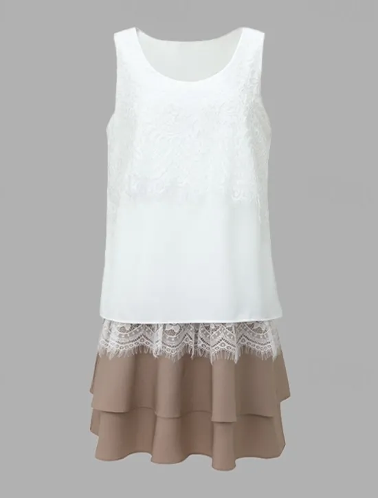 Women's Bohemian Dress Lace Dress Detailed Layered Dress Sleeveless Scoop Neck Tan Casual Summer Beach Party Relaxed Fit Clothing Apparel Women White Dresses