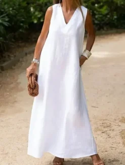 Sale Women's Dress Cotton Linen Dress Maxi Dress Vacation Dress Casual Dress Modern Daily Weekend Regular Fit Plain V Neck Summer Spring Women White Dresses