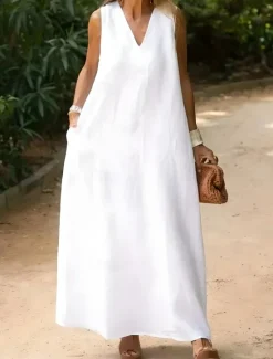Sale Women's Dress Cotton Linen Dress Maxi Dress Vacation Dress Casual Dress Modern Daily Weekend Regular Fit Plain V Neck Summer Spring Women White Dresses