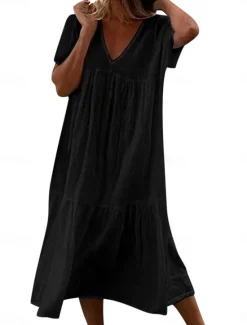 Best Women's White Dress Linen Dress White Cotton Dress Midi Dress Ruched Casual Daily Vacation V Neck Short Sleeve Summer Spring Black White Plain Women Dresses