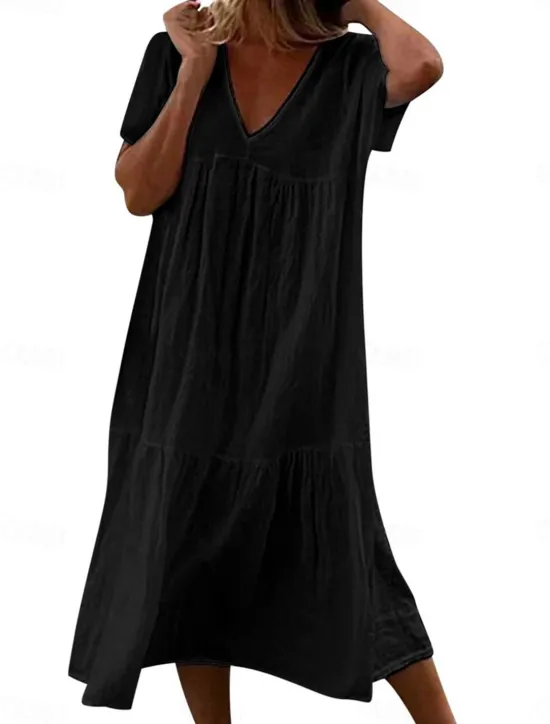 Best Women's White Dress Linen Dress White Cotton Dress Midi Dress Ruched Casual Daily Vacation V Neck Short Sleeve Summer Spring Black White Plain Women Dresses