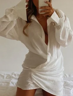 New Women's Dress Linen Dress Shirt Dress Mini Dress Vacation Flax Cotton And Linen Casual Shirt Collar Ruched Long Sleeve Summer Spring Loose Fit Plain Women Dresses|White Dresses