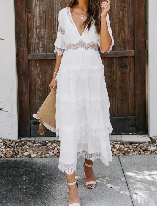 Best Women's White Dress Long Dress Maxi Dress Lace with Sleeve Wedding Date Vacation Elegant Bohemia V Neck Half Sleeve Black Color Women White Dresses
