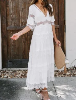 Best Women's White Dress Long Dress Maxi Dress Lace with Sleeve Wedding Date Vacation Elegant Bohemia V Neck Half Sleeve Black Color Women White Dresses