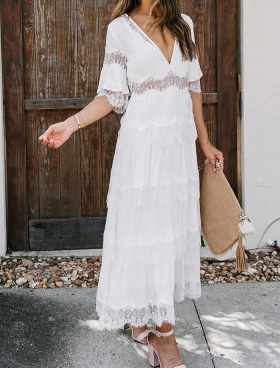 Best Women's White Dress Long Dress Maxi Dress Lace with Sleeve Wedding Date Vacation Elegant Bohemia V Neck Half Sleeve Black Color Women White Dresses