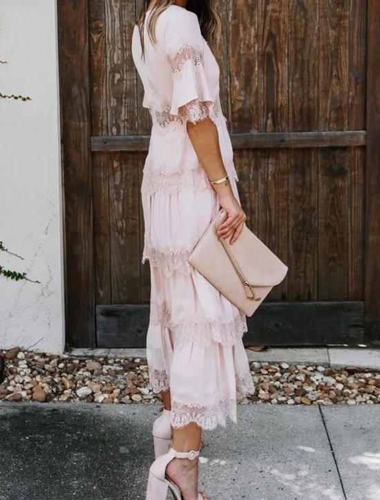 Best Women's White Dress Long Dress Maxi Dress Lace with Sleeve Wedding Date Vacation Elegant Bohemia V Neck Half Sleeve Black Color Women White Dresses