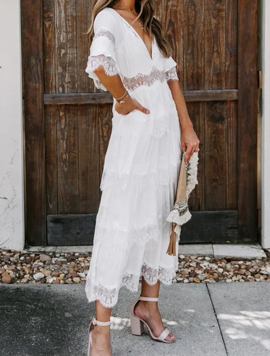 Best Women's White Dress Long Dress Maxi Dress Lace with Sleeve Wedding Date Vacation Elegant Bohemia V Neck Half Sleeve Black Color Women White Dresses