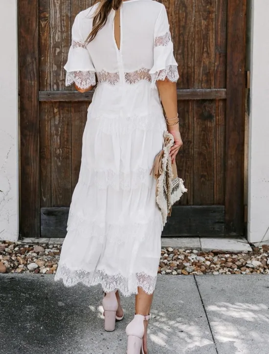 Best Women's White Dress Long Dress Maxi Dress Lace with Sleeve Wedding Date Vacation Elegant Bohemia V Neck Half Sleeve Black Color Women White Dresses