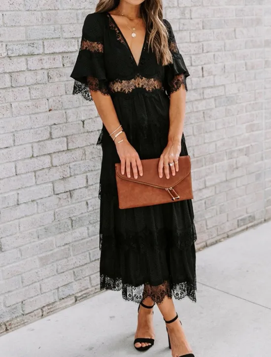Best Women's White Dress Long Dress Maxi Dress Lace with Sleeve Wedding Date Vacation Elegant Bohemia V Neck Half Sleeve Black Color Women White Dresses