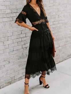 Best Women's White Dress Long Dress Maxi Dress Lace with Sleeve Wedding Date Vacation Elegant Bohemia V Neck Half Sleeve Black Color Women White Dresses