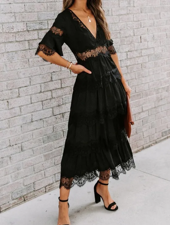 Best Women's White Dress Long Dress Maxi Dress Lace with Sleeve Wedding Date Vacation Elegant Bohemia V Neck Half Sleeve Black Color Women White Dresses
