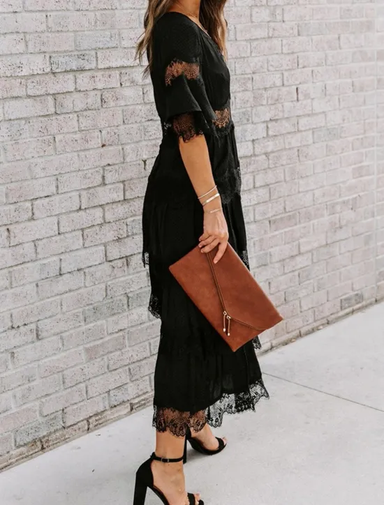 Best Women's White Dress Long Dress Maxi Dress Lace with Sleeve Wedding Date Vacation Elegant Bohemia V Neck Half Sleeve Black Color Women White Dresses