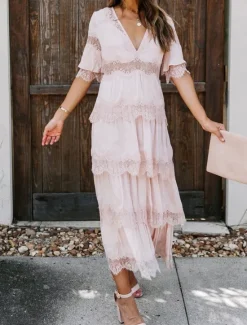 Best Women's White Dress Long Dress Maxi Dress Lace with Sleeve Wedding Date Vacation Elegant Bohemia V Neck Half Sleeve Black Color Women White Dresses