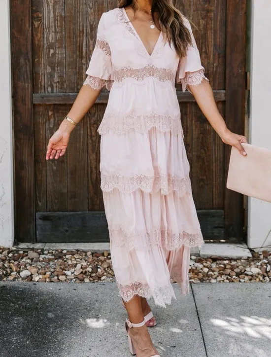 Best Women's White Dress Long Dress Maxi Dress Lace with Sleeve Wedding Date Vacation Elegant Bohemia V Neck Half Sleeve Black Color Women White Dresses