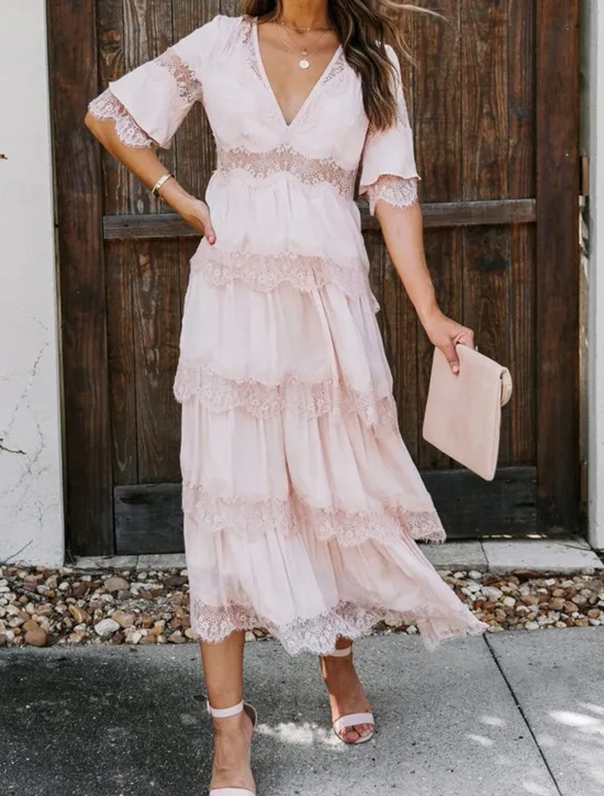 Best Women's White Dress Long Dress Maxi Dress Lace with Sleeve Wedding Date Vacation Elegant Bohemia V Neck Half Sleeve Black Color Women White Dresses