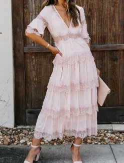 Best Women's White Dress Long Dress Maxi Dress Lace with Sleeve Wedding Date Vacation Elegant Bohemia V Neck Half Sleeve Black Color Women White Dresses