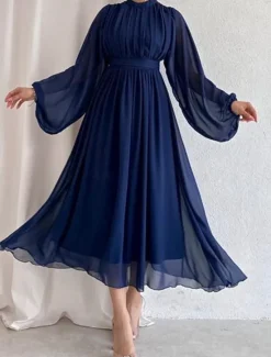 Women's White Dress Long Dress Maxi Dress Chiffon Ruched Date Elegant Streetwear Stand Collar Long Sleeve Black White Pink Color Women White Dresses