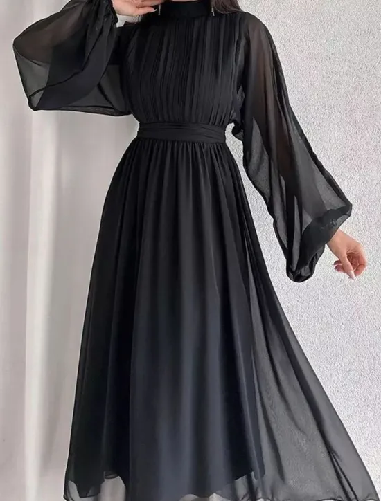 Women's White Dress Long Dress Maxi Dress Chiffon Ruched Date Elegant Streetwear Stand Collar Long Sleeve Black White Pink Color Women White Dresses