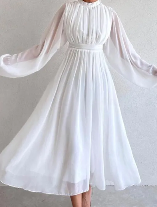 Women's White Dress Long Dress Maxi Dress Chiffon Ruched Date Elegant Streetwear Stand Collar Long Sleeve Black White Pink Color Women White Dresses