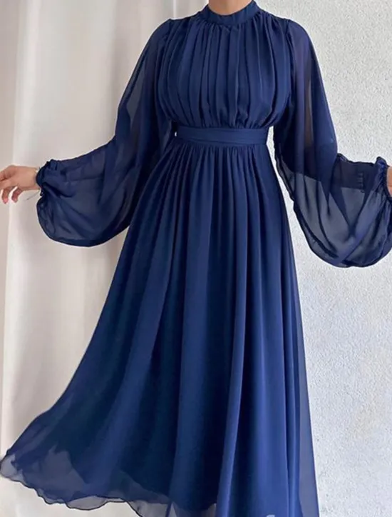 Women's White Dress Long Dress Maxi Dress Chiffon Ruched Date Elegant Streetwear Stand Collar Long Sleeve Black White Pink Color Women White Dresses