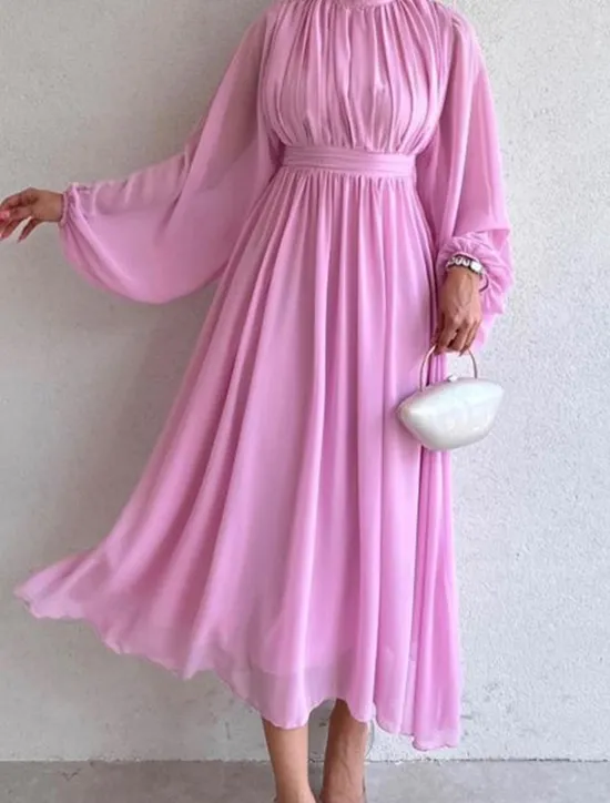 Women's White Dress Long Dress Maxi Dress Chiffon Ruched Date Elegant Streetwear Stand Collar Long Sleeve Black White Pink Color Women White Dresses