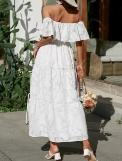 Best Women's White Dress Long Dress Maxi Dress Chiffon Lace Ruffle Date Vacation Streetwear A Line Off Shoulder Short Sleeve Black White Pink Color Women White Dresses