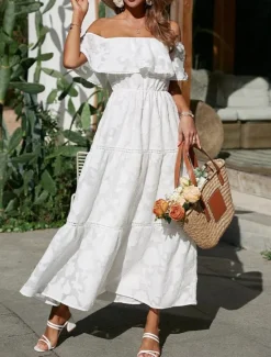 Best Women's White Dress Long Dress Maxi Dress Chiffon Lace Ruffle Date Vacation Streetwear A Line Off Shoulder Short Sleeve Black White Pink Color Women White Dresses