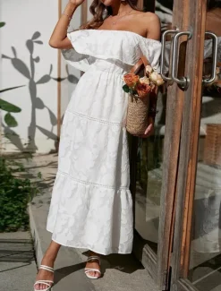Best Women's White Dress Long Dress Maxi Dress Chiffon Lace Ruffle Date Vacation Streetwear A Line Off Shoulder Short Sleeve Black White Pink Color Women White Dresses