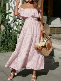 Best Women's White Dress Long Dress Maxi Dress Chiffon Lace Ruffle Date Vacation Streetwear A Line Off Shoulder Short Sleeve Black White Pink Color Women White Dresses