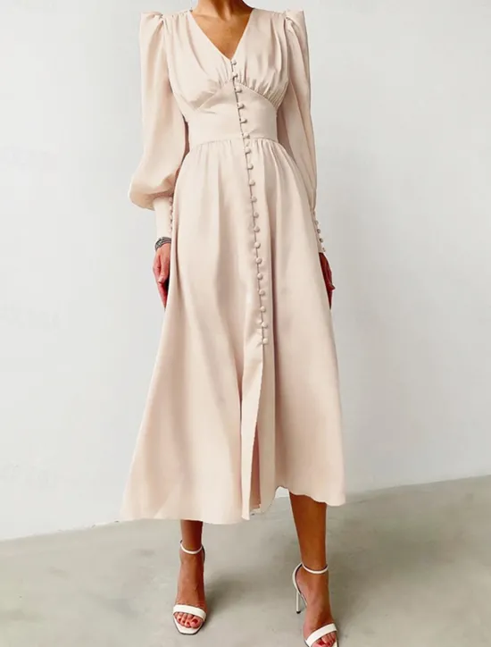 Discount Women's White Dress Long Dress Maxi Dress Button Date Vacation Streetwear Maxi V Neck Long Sleeve Black White Pink Color Women Cocktail Dress