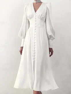 Discount Women's White Dress Long Dress Maxi Dress Button Date Vacation Streetwear Maxi V Neck Long Sleeve Black White Pink Color Women Cocktail Dress