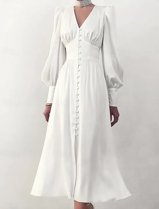 Discount Women's White Dress Long Dress Maxi Dress Button Date Vacation Streetwear Maxi V Neck Long Sleeve Black White Pink Color Women Cocktail Dress