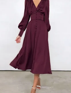 Discount Women's White Dress Long Dress Maxi Dress Button Date Vacation Streetwear Maxi V Neck Long Sleeve Black White Pink Color Women Cocktail Dress