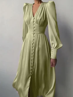 Discount Women's White Dress Long Dress Maxi Dress Button Date Vacation Streetwear Maxi V Neck Long Sleeve Black White Pink Color Women Cocktail Dress