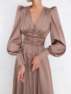 Discount Women's White Dress Long Dress Maxi Dress Button Date Vacation Streetwear Maxi V Neck Long Sleeve Black White Pink Color Women Cocktail Dress