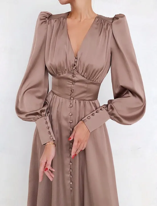 Discount Women's White Dress Long Dress Maxi Dress Button Date Vacation Streetwear Maxi V Neck Long Sleeve Black White Pink Color Women Cocktail Dress