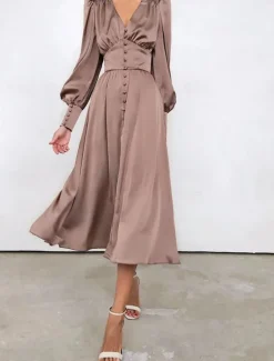 Discount Women's White Dress Long Dress Maxi Dress Button Date Vacation Streetwear Maxi V Neck Long Sleeve Black White Pink Color Women Cocktail Dress