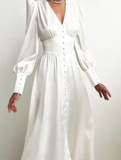 Discount Women's White Dress Long Dress Maxi Dress Button Date Vacation Streetwear Maxi V Neck Long Sleeve Black White Pink Color Women Cocktail Dress