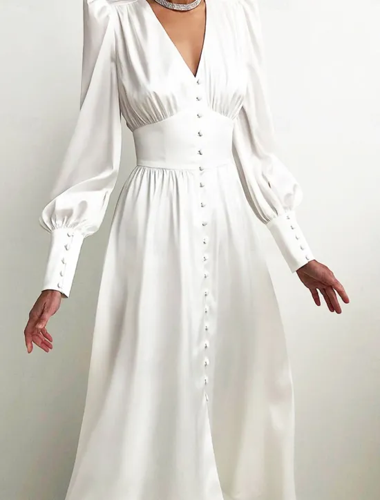 Discount Women's White Dress Long Dress Maxi Dress Button Date Vacation Streetwear Maxi V Neck Long Sleeve Black White Pink Color Women Cocktail Dress