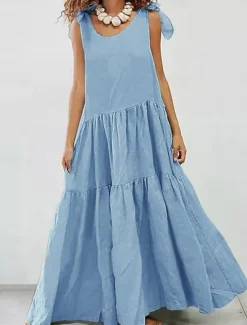 Clearance Women's White Dress Maxi Dress Ruffle Hem Vacation Casual Crew Neck Sleeveless Black White Sky Blue Color Women White Dresses
