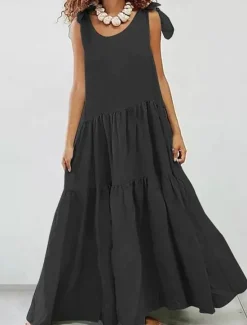 Clearance Women's White Dress Maxi Dress Ruffle Hem Vacation Casual Crew Neck Sleeveless Black White Sky Blue Color Women White Dresses