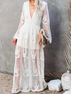 Women's White Dress Maxi Dress Patchwork Wedding Party Elegant V Neck Long Sleeve Black White Color Women White Dresses