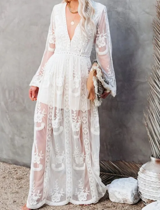 Women's White Dress Maxi Dress Patchwork Wedding Party Elegant V Neck Long Sleeve Black White Color Women White Dresses