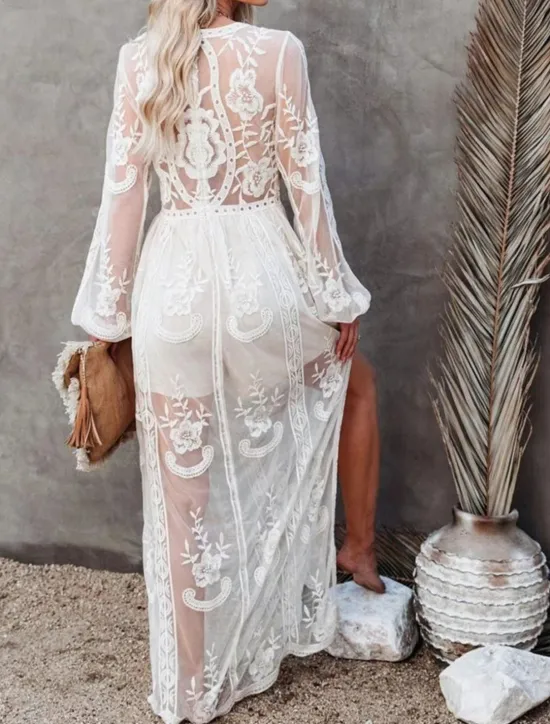 Women's White Dress Maxi Dress Patchwork Wedding Party Elegant V Neck Long Sleeve Black White Color Women White Dresses