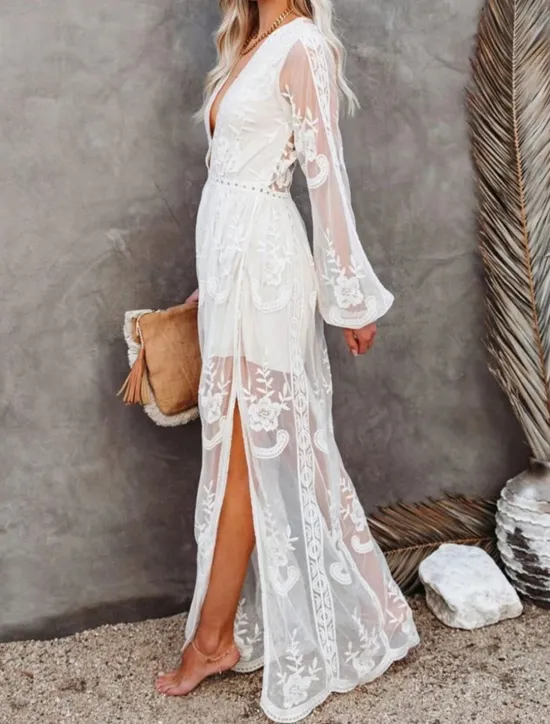 Women's White Dress Maxi Dress Patchwork Wedding Party Elegant V Neck Long Sleeve Black White Color Women White Dresses