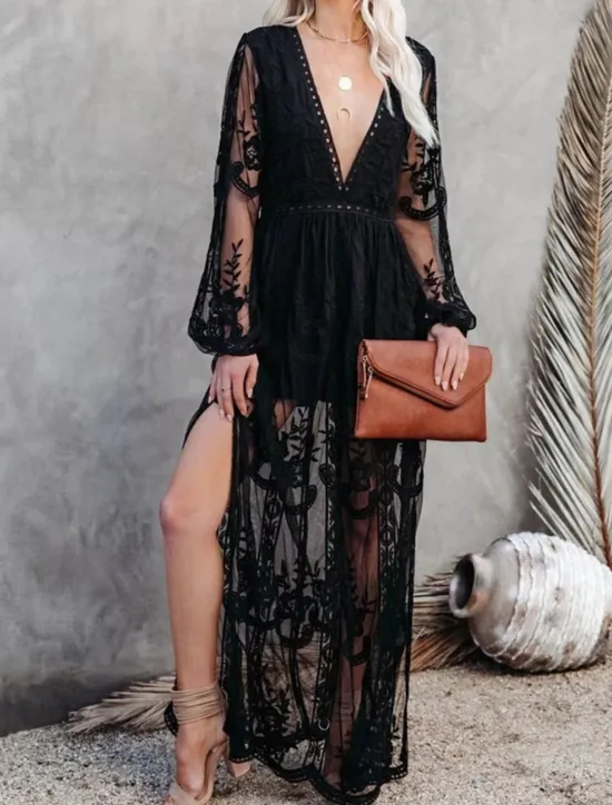 Women's White Dress Maxi Dress Patchwork Wedding Party Elegant V Neck Long Sleeve Black White Color Women White Dresses