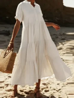 Outlet Women's White Dress Maxi Dress Ruffle Casual Stand Collar Long Sleeve Black White Yellow Color Women Vacation Dresses