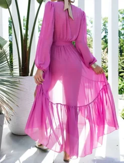 Women's White Dress Maxi Dress Chiffon Lace up Split Date Vacation Casual V Neck Long Sleeve Black White Blue Color Women White Dresses